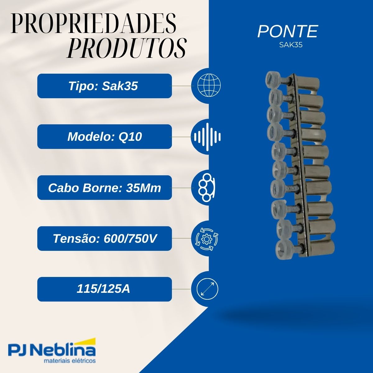 Ponte Sak35 Q10 Plástico 35Mm 600/750V 115/125A 10 Pólos Para Borne Parafuso Btwp - Weg