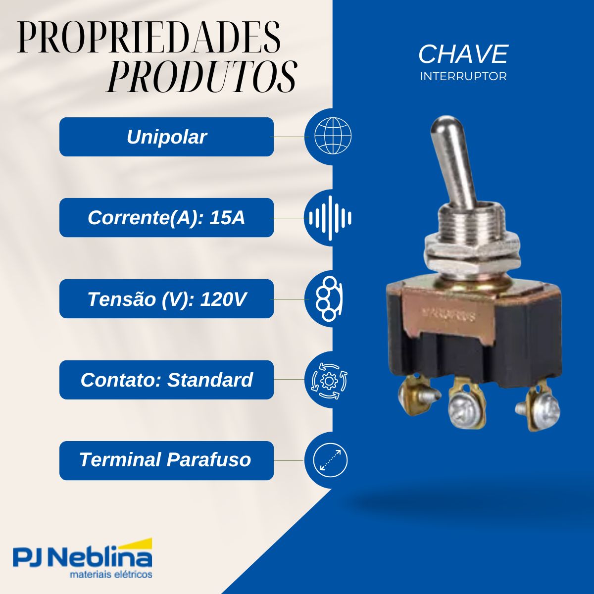 Chave Interruptor Alavanca Metálica Unipolar Liga/Liga 15A 120V Cromada Standard Terminal Parafuso - Margirius