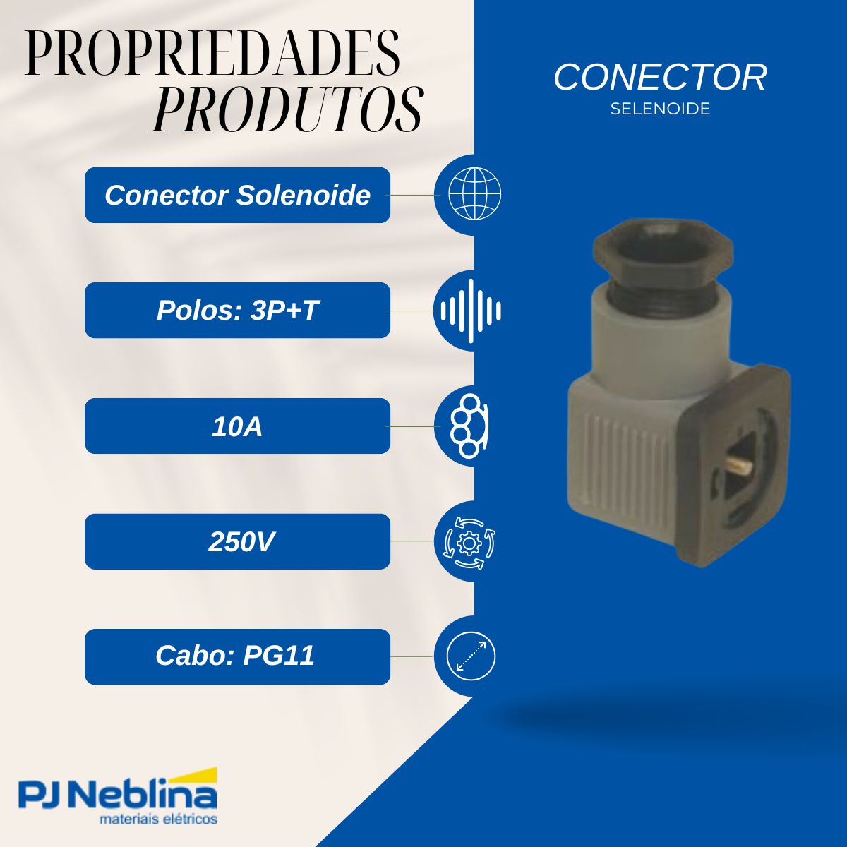 Conector Solenoide Face Quadrada Poliamida Pt 3P+T 10A 250V Pg11 - Steck