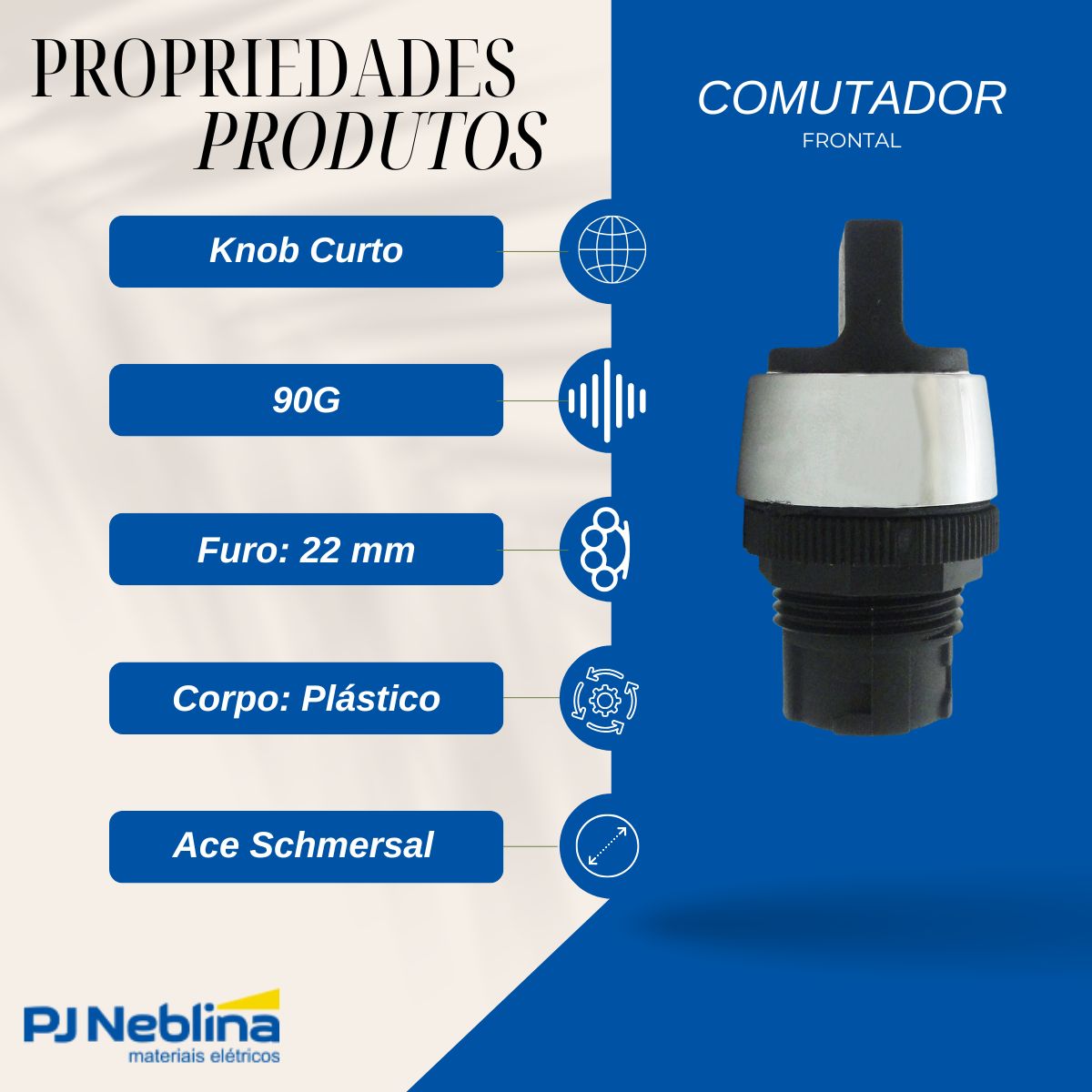 Frontal Comutador Knob Curto 2 Pos Ret 90G 22 mm Plástico Preto - Ace Schmersal