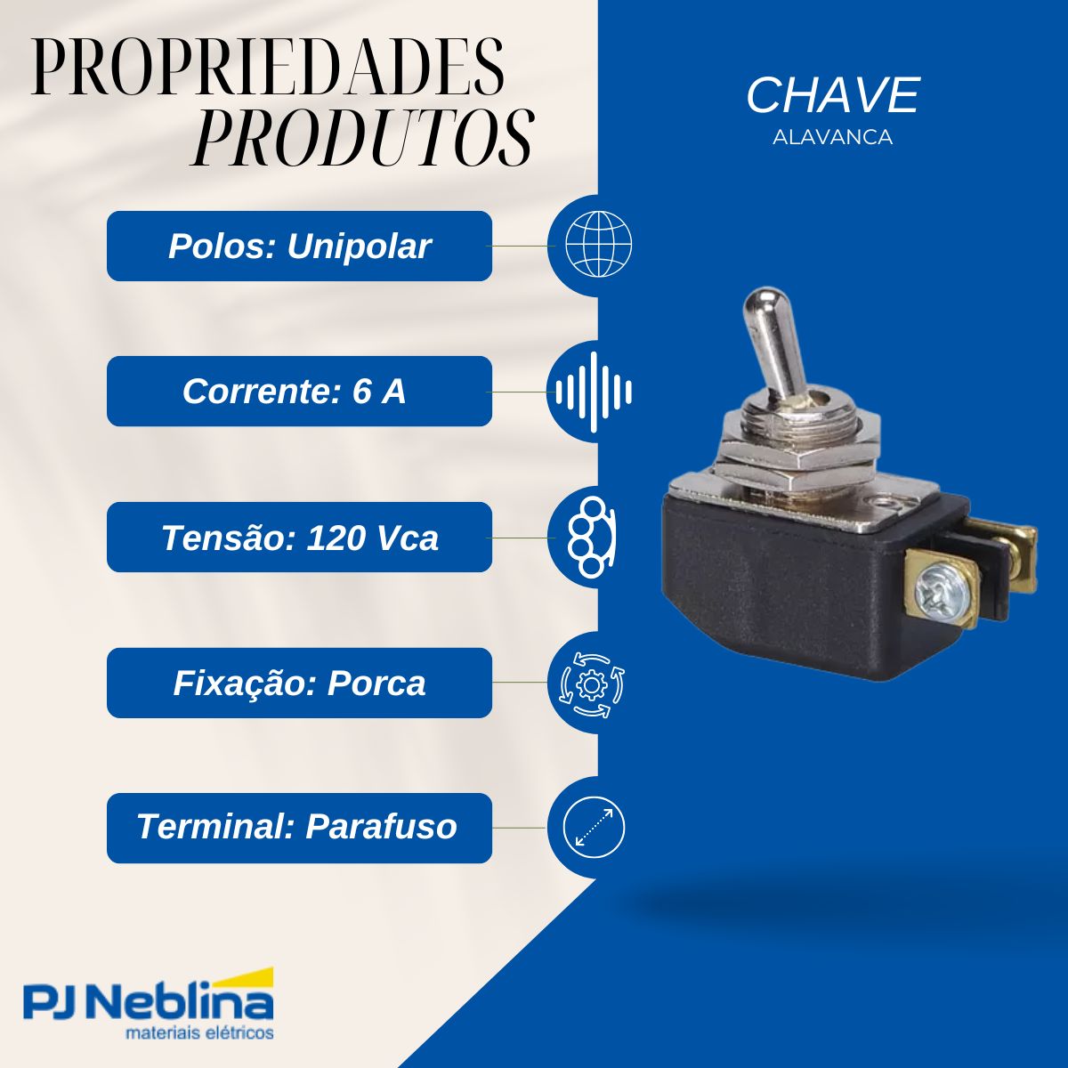 Interruptor Alavanca Liga/Desliga C/Porca Poliam 6A 120Vca 1P Terminal Parafuso Vm/Pt Cpd-130 - Margirius