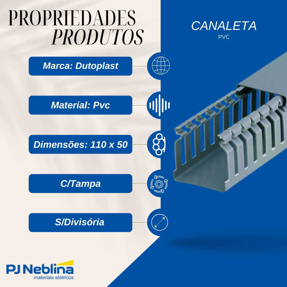 Canaleta Pvc Rec Aberto 110X50 (Br C/2M) Cz C/Tampa S/Divisória S/Adesivo - Dutoplast