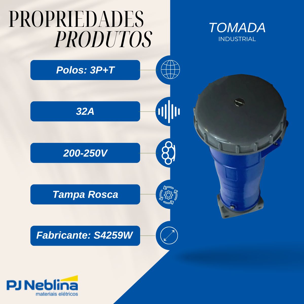 Tomada Industrial Femea Móvel Acoplador Prova D'água 3P+T 32A 200-250V Az 9H Tampa Rosca Ip67 - Steck