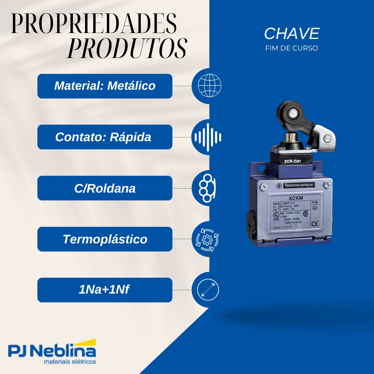 Chave Fim De Curso Alavanca C/Roldana 10A 1Na+1Nf Ip66 - Telemecanique