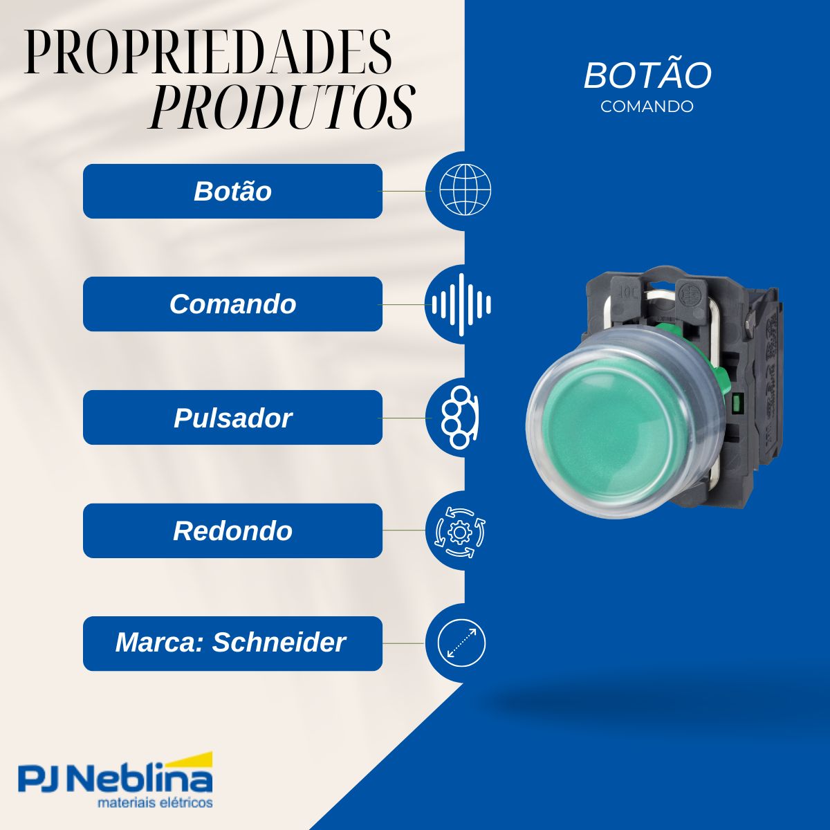 Botão Comando Pulsador Saliente Redondo 22Mm Plástico Verde 1Na C/Capa Protetora - Schneider