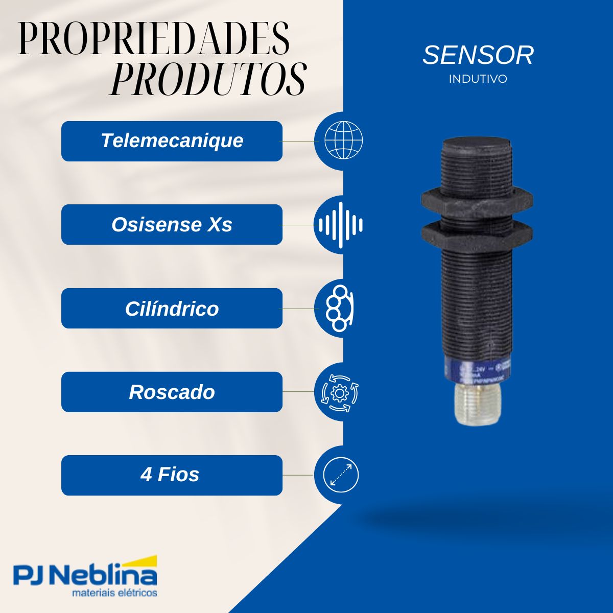 Sensor Indutivo Cilíndrico Roscado Sn=8Mm M18X1,00Mm Plástico 4 Fios 12-24Vcc Conector M12 4 Pinos Pnp/Npn 1Na+1Nf 1 Led - Telemecanique