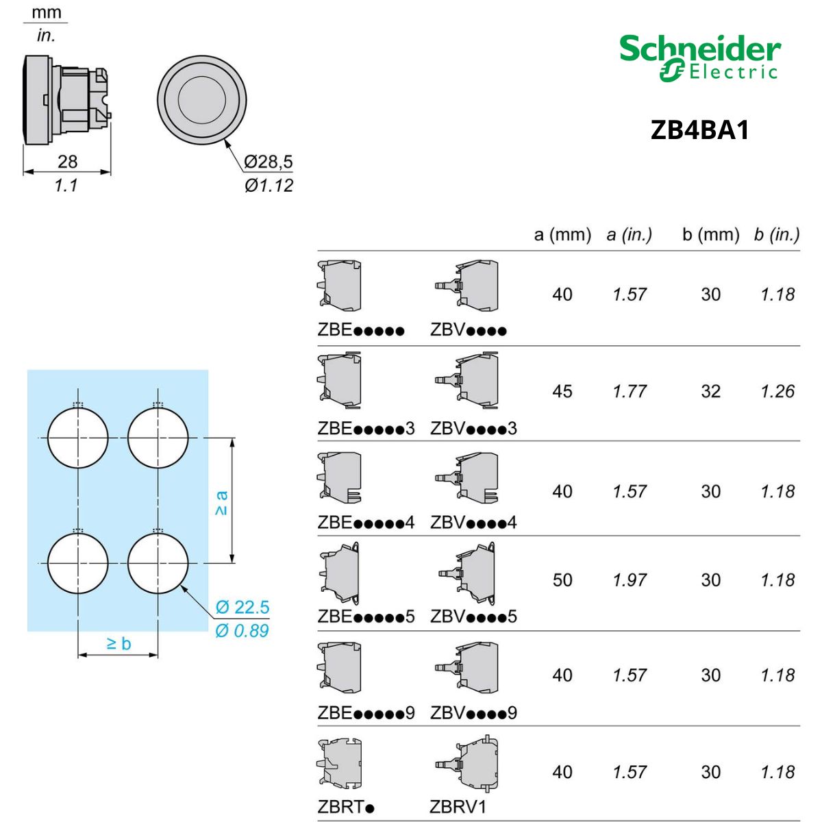 Frontal Botão Pulsador Faceado Redondo 22Mm Metálico Branco ZB4BA1 - Schneider Eletric
