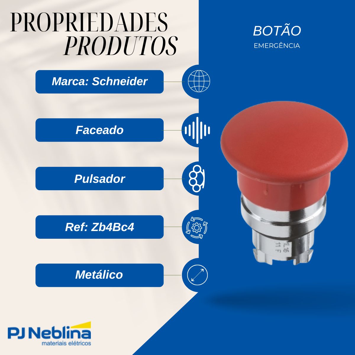Frontal Botão Emergência Cogumelo Faceado Pulsador 22Mm Metálico Vermelho - Schneider