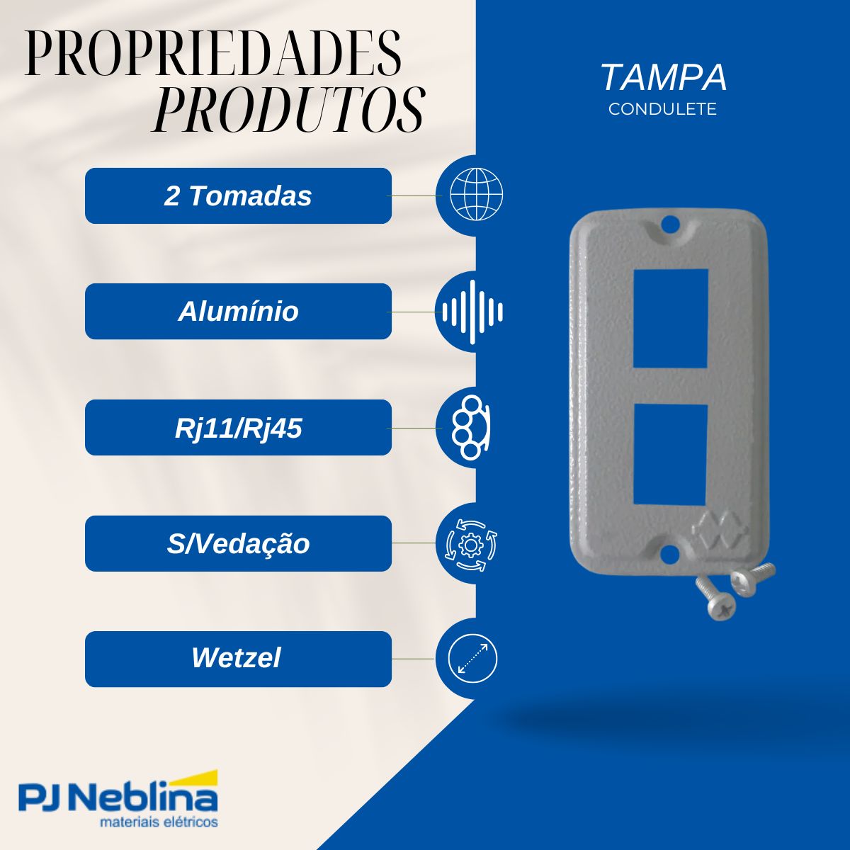 Tampa Condulete 2 Tom Rj11/Rj45 Alumínio 1/2-3/4 C/Pintura Cinza S/Vedação - Wetzel