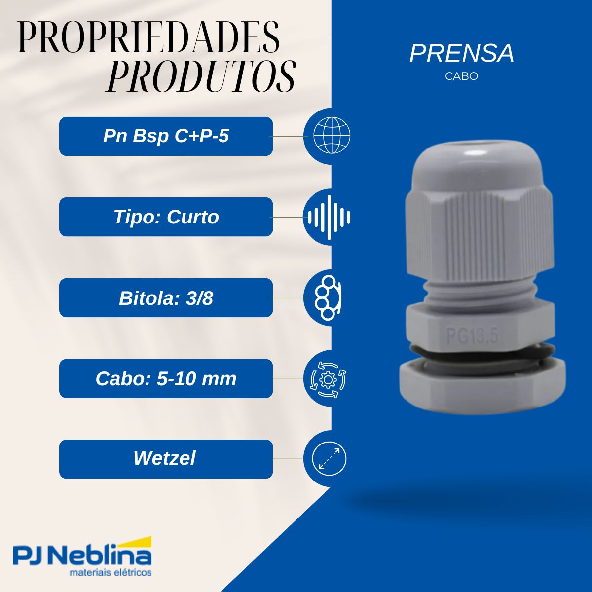 Prensa Cabo Curto 3/8 5-10 mm Bsp Poliamida Cz Ip67 - Wetzel