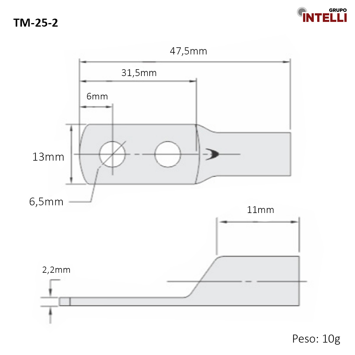 Terminal Compressão 25Mm 1 Compressão 2 Furos F=8,5Mm 5/16 M8 552 Intelli