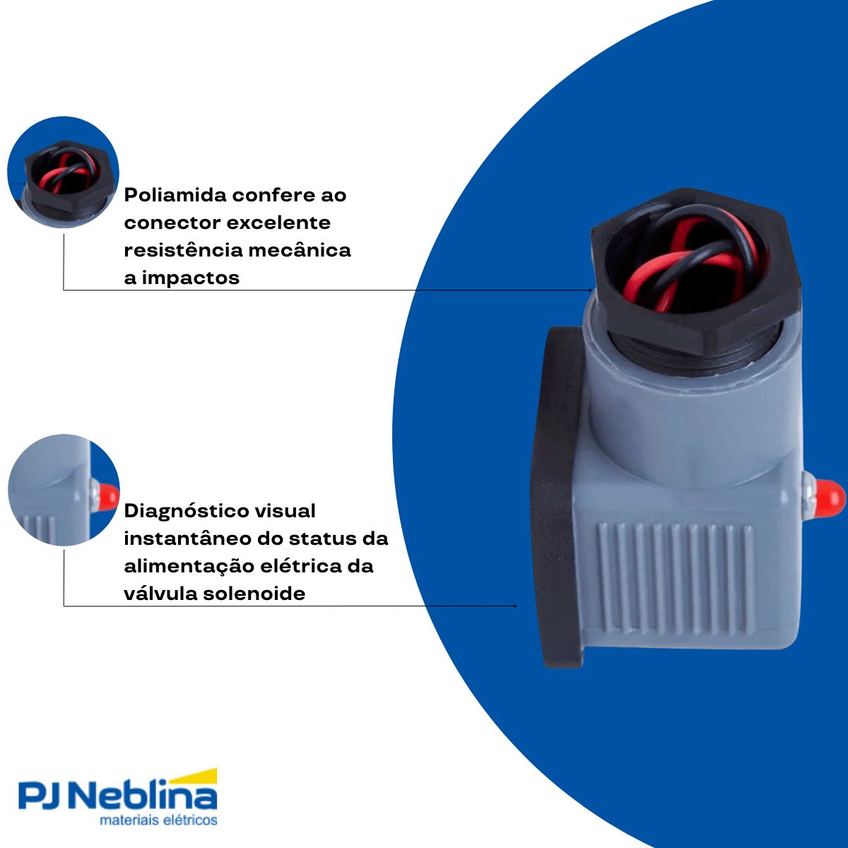 Conector Solenoide Face Quadrada Poliamida Preto 2P+T 10A 24V Led Pg11 - Steck