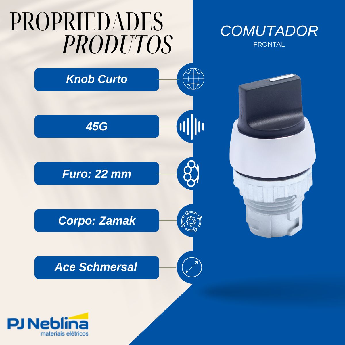 Frontal Comutador Knob Curto 3 Pos Ret 45G 22 mm Zamak Preto - Ace Schmersal