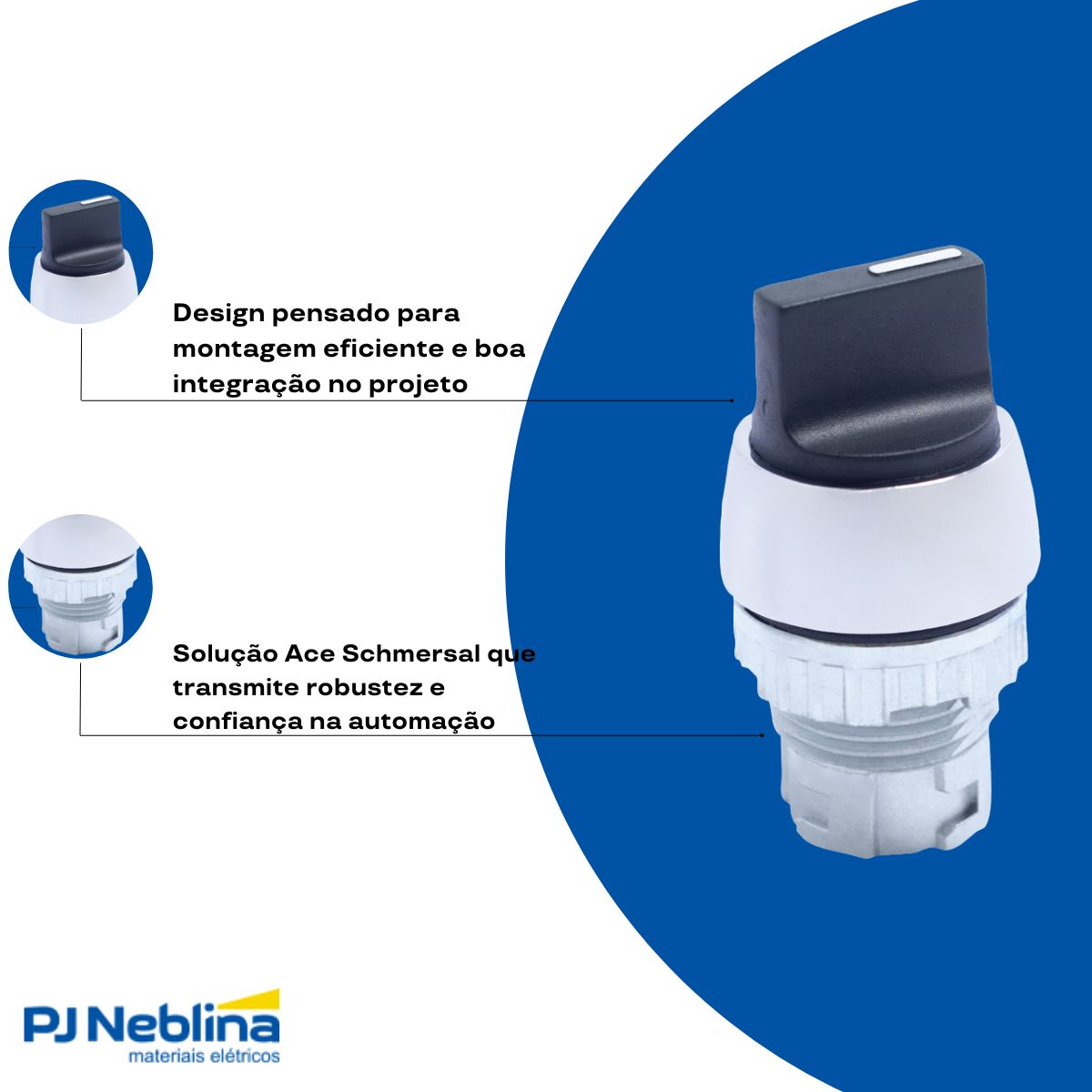 Frontal Comutador Knob Curto 3 Pos Ret 45G 22 mm Zamak Preto - Ace Schmersal