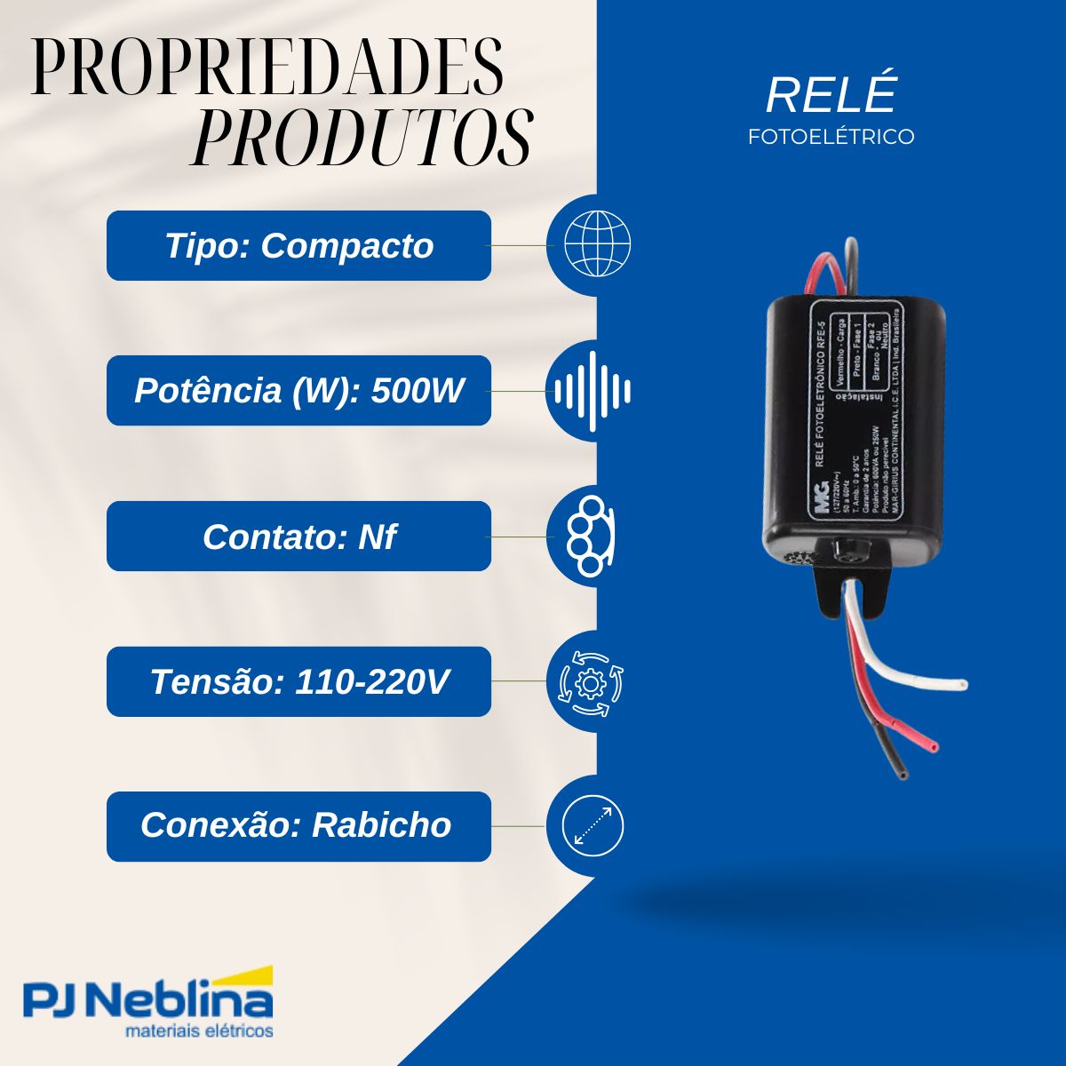 Relé Fotoelétrico Compacto 500W Nf 110-220V Rabicho Preto - Margirius