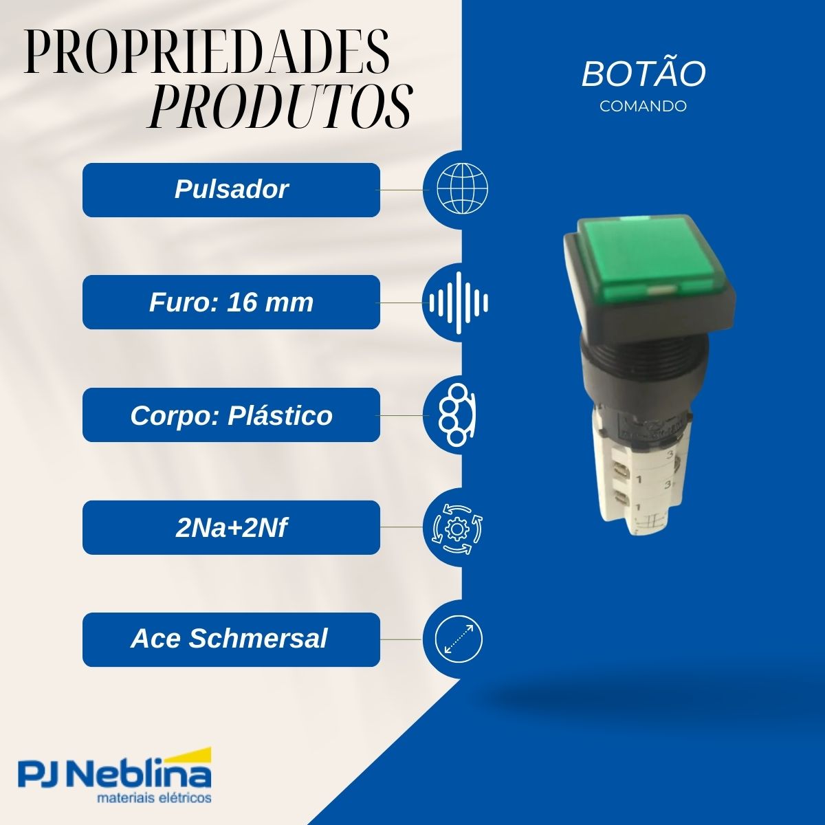 Botão Comando Pulsador Saliente Iluminado Quadrado 16 mm Plástico Verde 2Na+2Nf - Ace Schmersal
