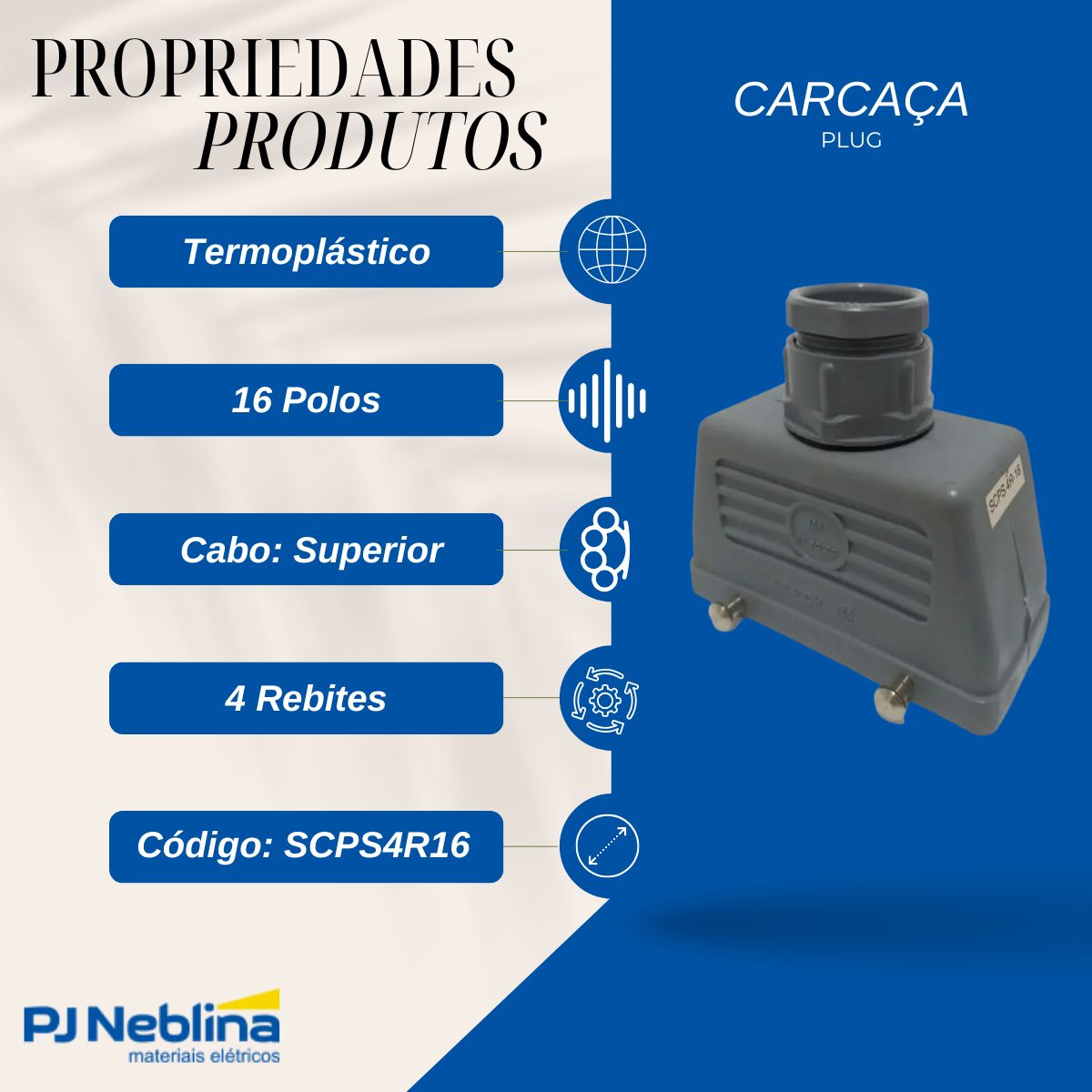 Carcaça Plug Saída Superior 4 Rebites 16 Polos Termoplástico P/Tomada - Steck