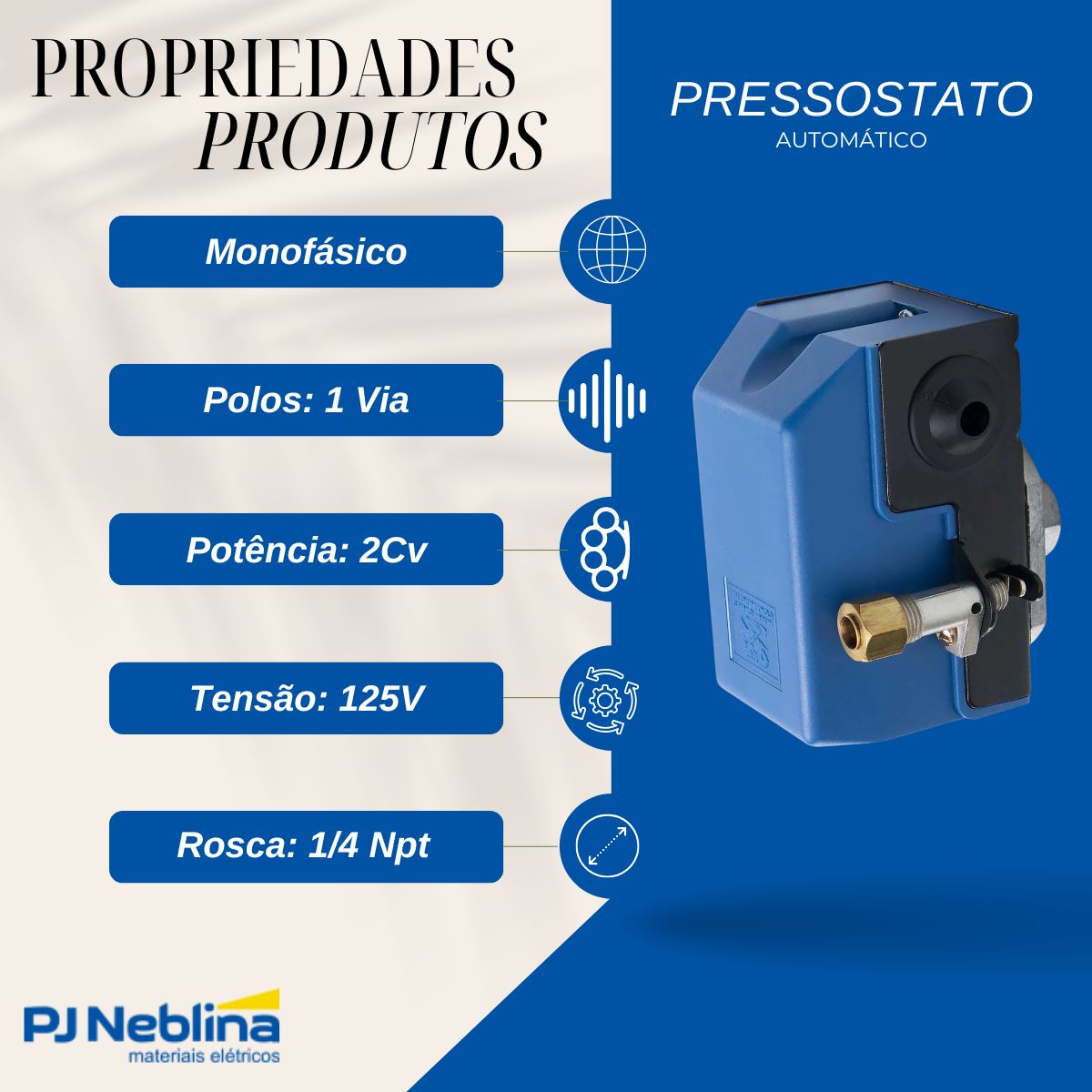 Pressostato Automático 125/175Psi Monofásico 1 Via 2Cv 125V 1/4 Npt Azul - Margirius