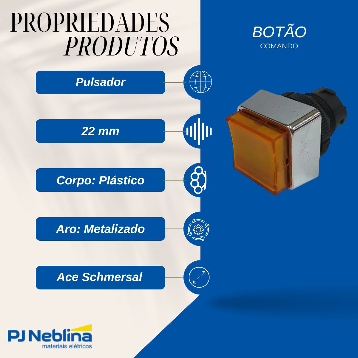 Botão Comando Pulsador Saliente Iluminado Quadrado 22 mm Plástico Amarelo - Ace Schmersal