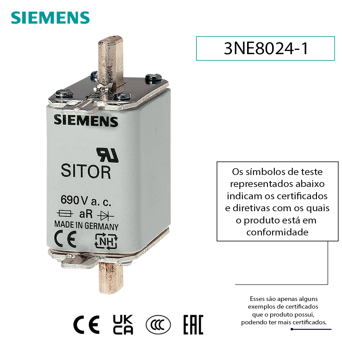 Fusível Nh Sitor Ultra Rápido Ar 160A 690V 100Ka T-00 Indicador Frontal 3NE80241 Siemens
