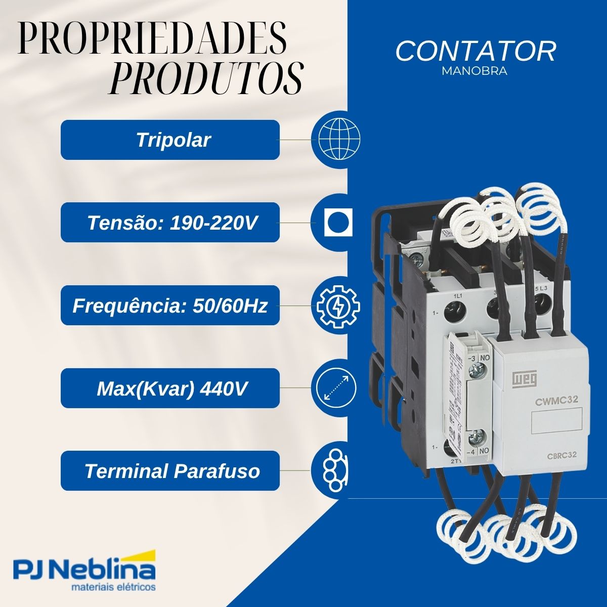 Contator Manobra Capacitor Tripolar 190-220V 50/60Hz 1Na 26Kvar/380-415V 55G - Weg