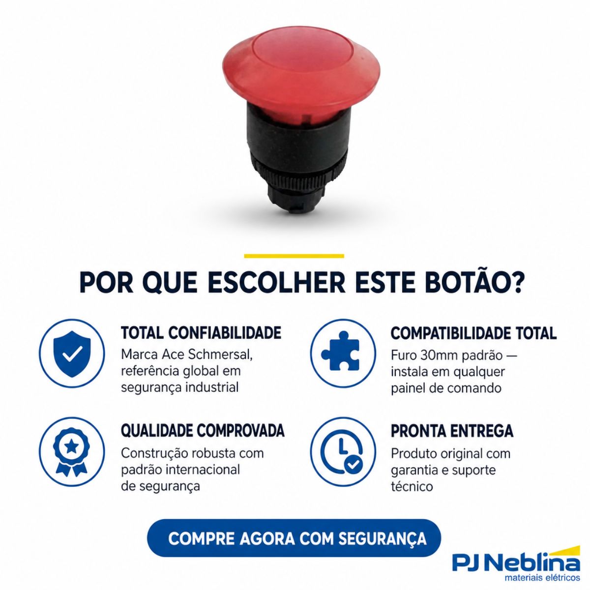 Botão Emergência Cogumelo 36 mm Chave Yale 30 mm Plástico Vermelho - Ace Schmersal