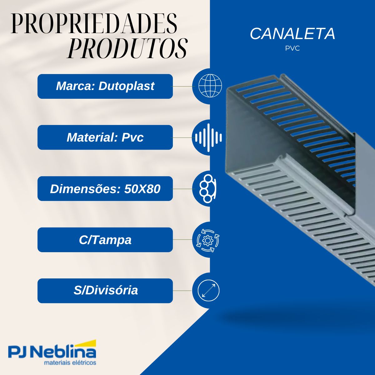 Canaleta Pvc Rec Fechado 50X80 (Br C/2M) Cinza C/Tampa S/Divisória S/Adesivo - Dutoplast