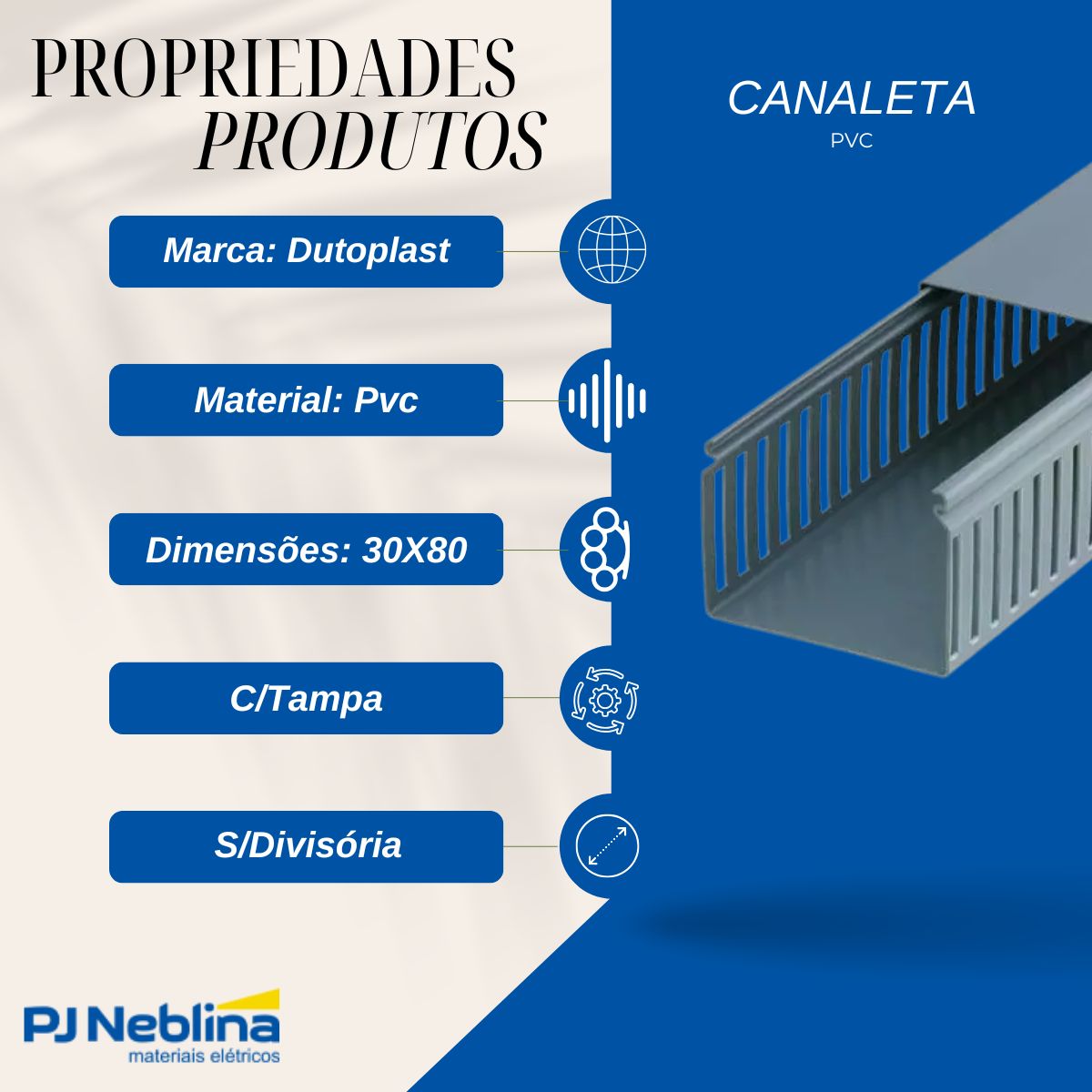Canaleta Pvc Rec Fechado 30X80 (Br C/2M) Cz C/Tampa S/Divisória S/Adesivo - Dutoplast
