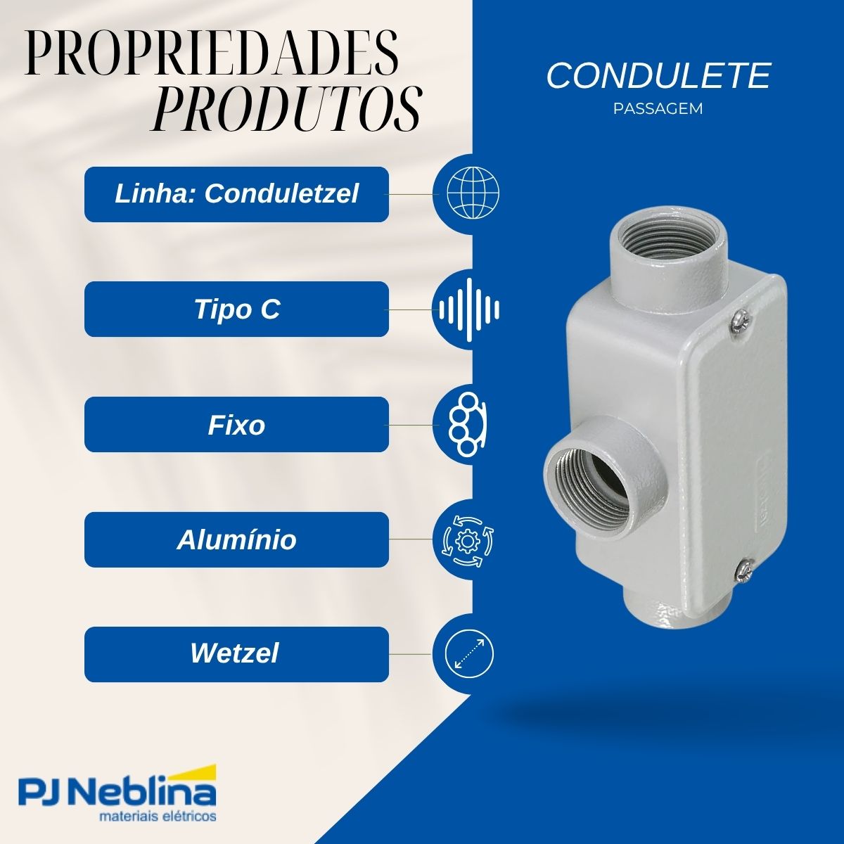 Condulete Alumínio Fixo Tipo C 2Pol C/Rosca Npt C/Pintura Cz C/Tampa C/Vedação Tgvp (Ip54) - Wetzel