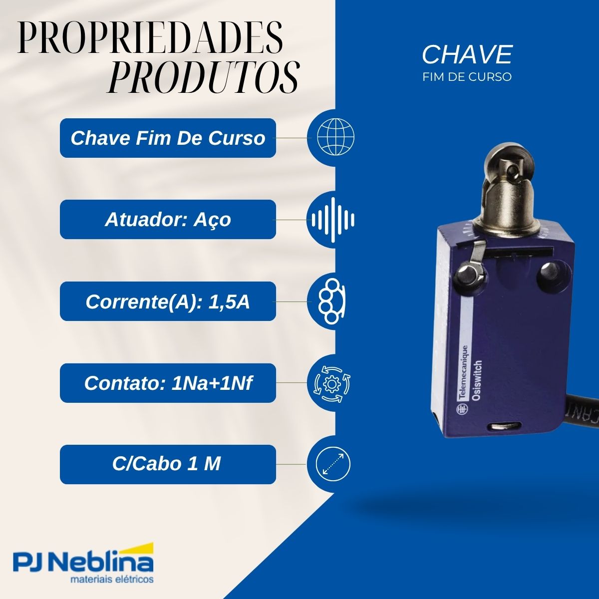 Chave Fim De Curso Pistão C/Roldana 1,5A 1Na+1Nf Ip66/Ip67/Ip68 C/Cabo 1 m - Telemecanique