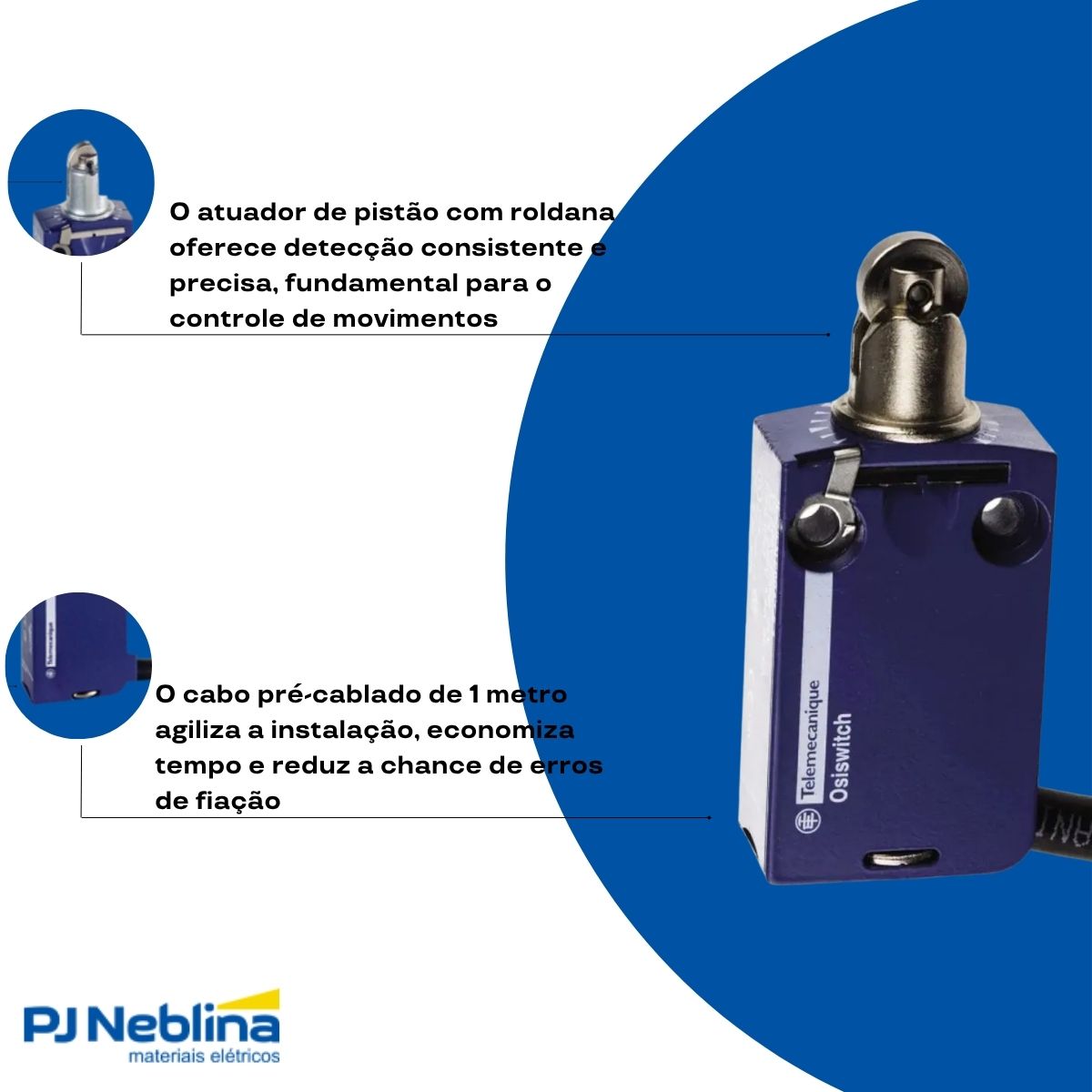 Chave Fim De Curso Pistão C/Roldana 1,5A 1Na+1Nf Ip66/Ip67/Ip68 C/Cabo 1 m - Telemecanique