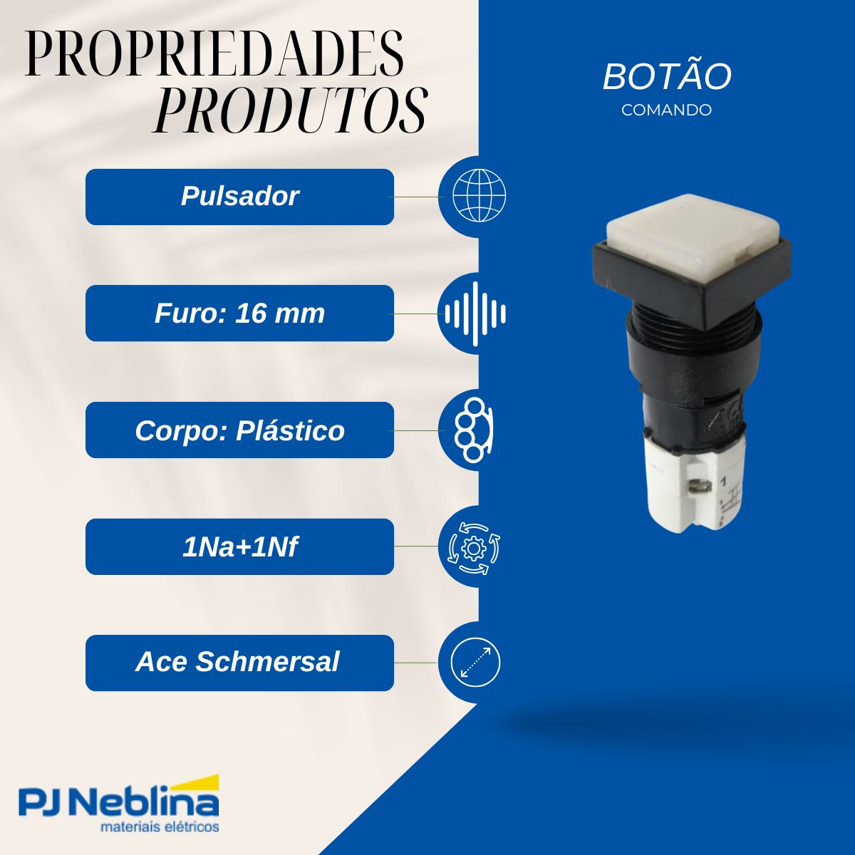 Botão Comando Pulsador Saliente Iluminado Quadrado 16 mm Plástico Branco 1Na+1Nf - Ace Schmersal