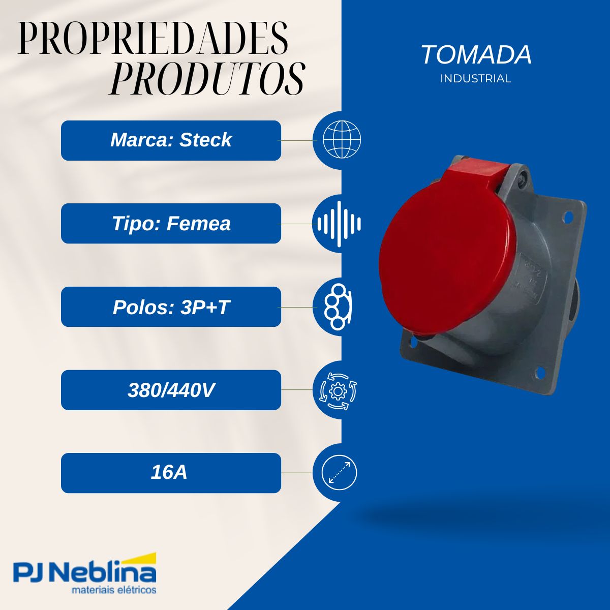 Tomada Industrial Femea Embutir 3P+T 16A 380/440V Vm 6H Ip67 - Steck