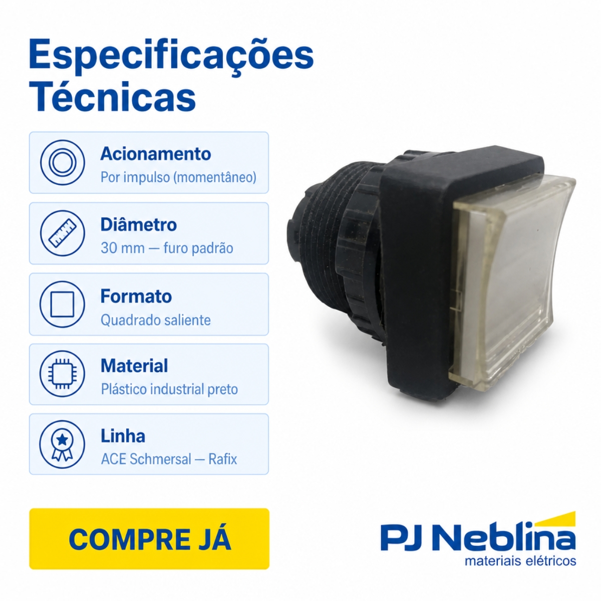 Botão Comando Pulsador Saliente Quadrado 30 mm Plástico Preto - Ace Schmersal