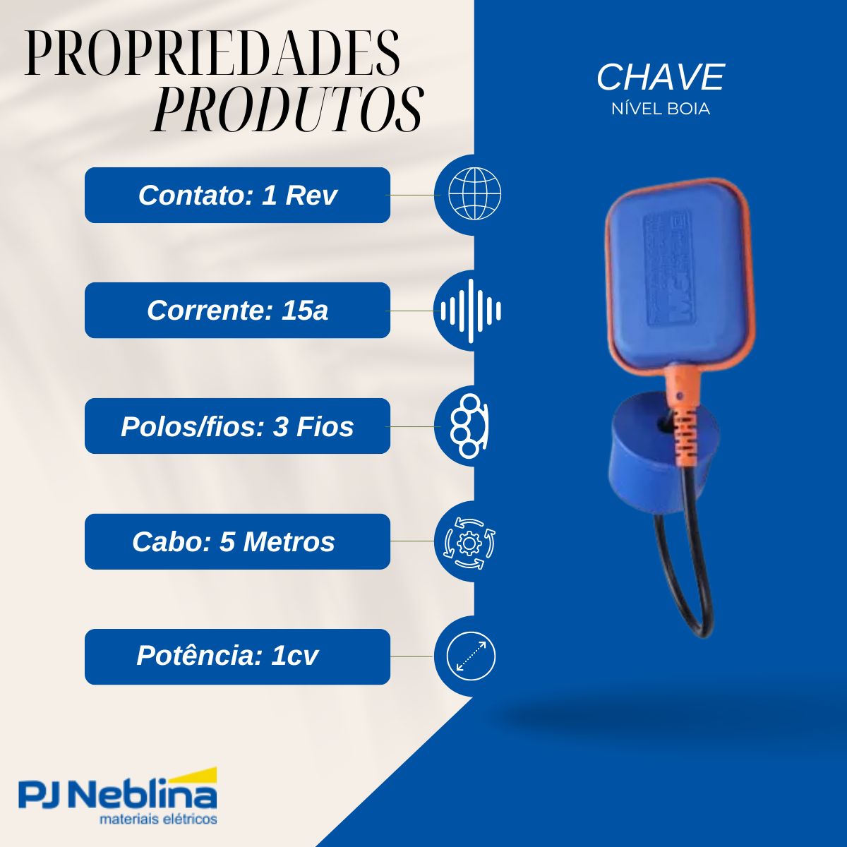 Chave Nível Boia Azul Inferior/Superior 1 Reversível 15A Cabo 5 Metros 220V - Margirius