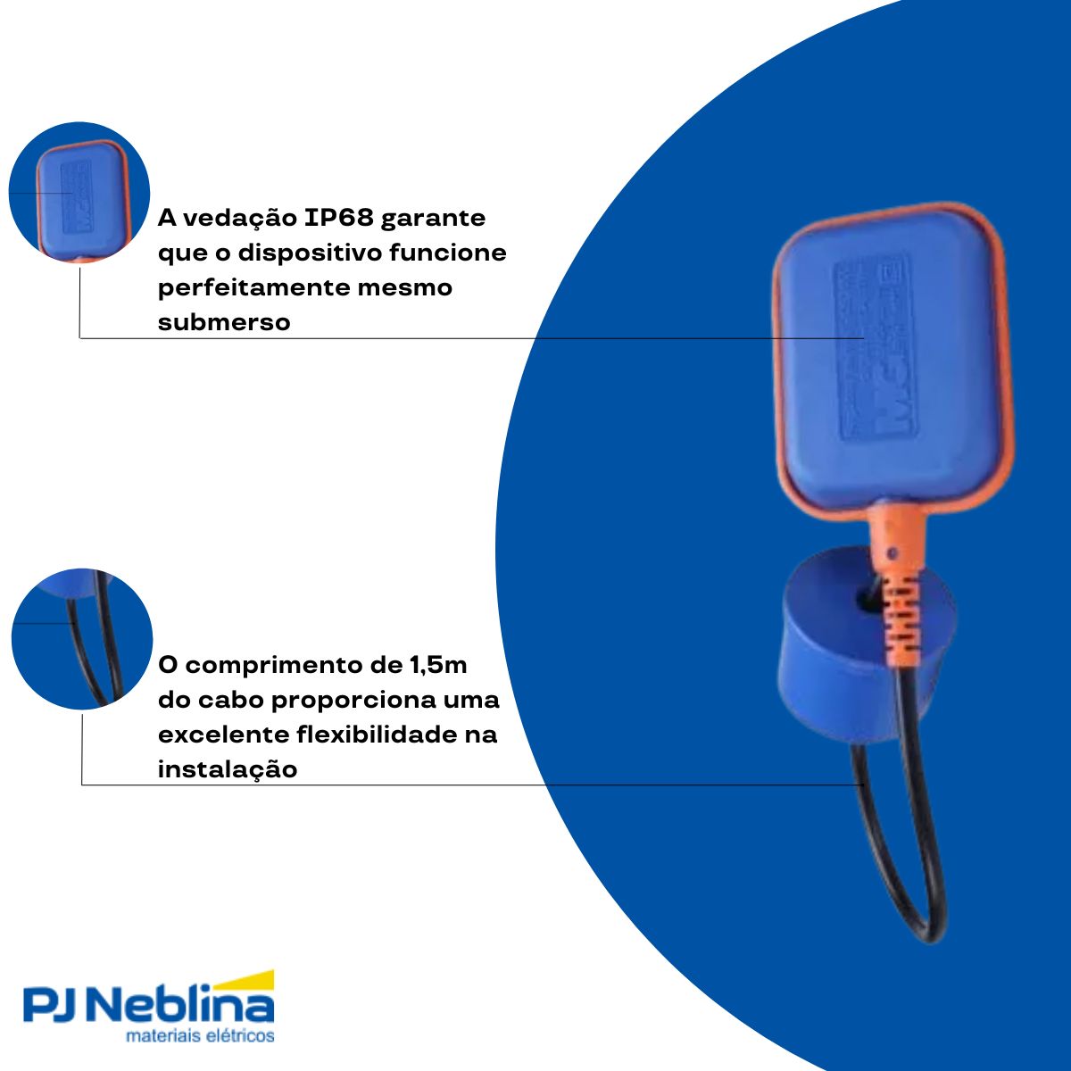 Chave Nível Boia Azul Inferior/Superior 1 Reversível 15A Cabo 5 Metros 220V - Margirius