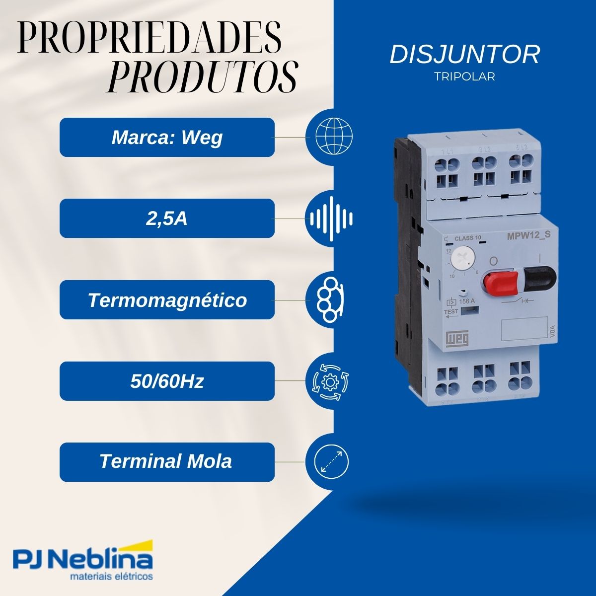 Disjuntor Motor Tripolar 2,5A 1,6-2,5A 1Cv 380/415V 100Ka 380/440V 50/60Hz - Weg