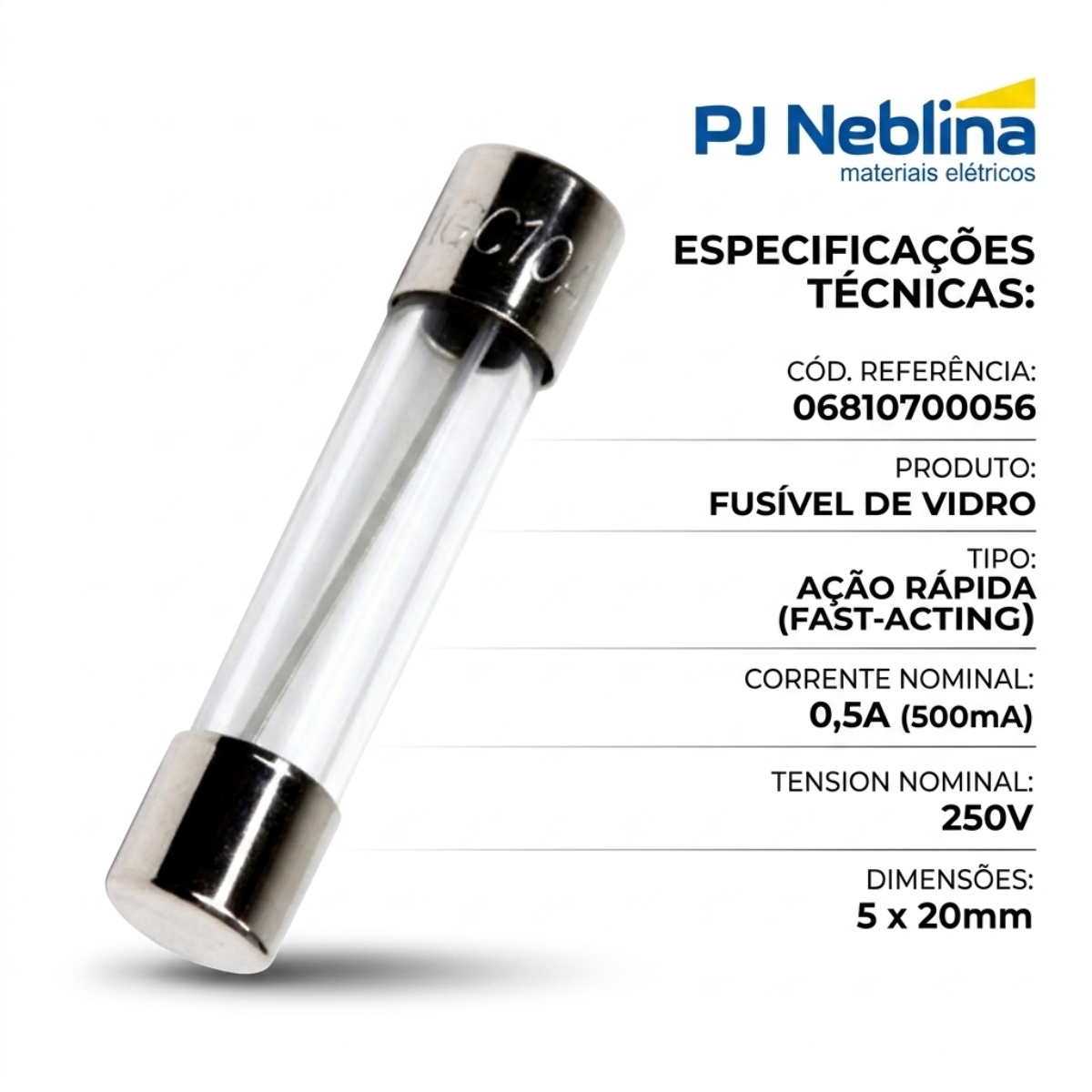 Fusível Vidro Rápido Amarelo 0,5A (500Ma) 250V 5X20Mm - Conexel