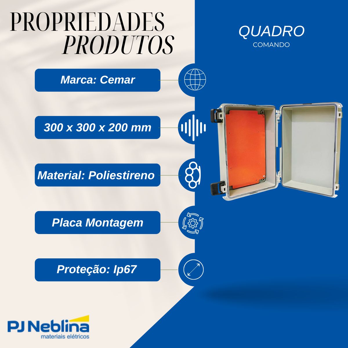 Quadro Comando Sobrepor Poliestireno Bg (Ral 7032) 300X300X200Mm Tampa Opaca Placa Montagem Lr (Ral 2004) - Cemar