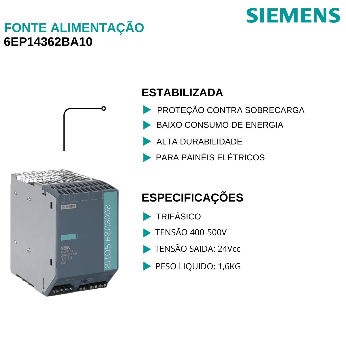 Fonte Alimentação Estabilizada Trifásico 20A 400-500V 24Vcc 6EP14362BA10 - Siemens