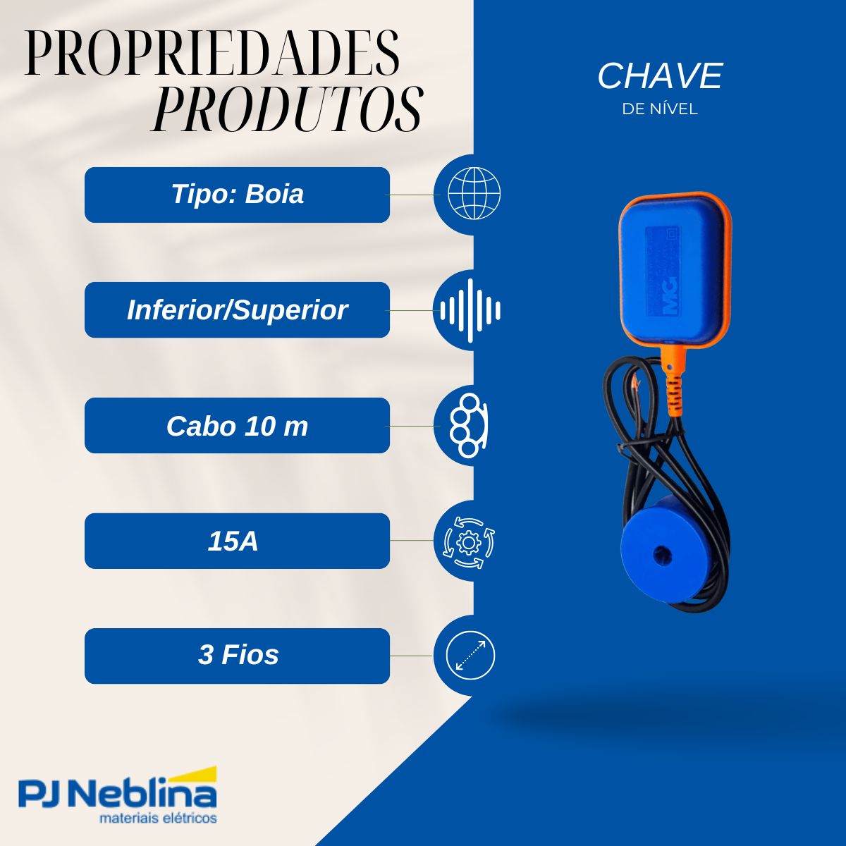Chave Nível Boia Az Inferior/Superior 1 Rev 15A Cabo 10 m - Margirius