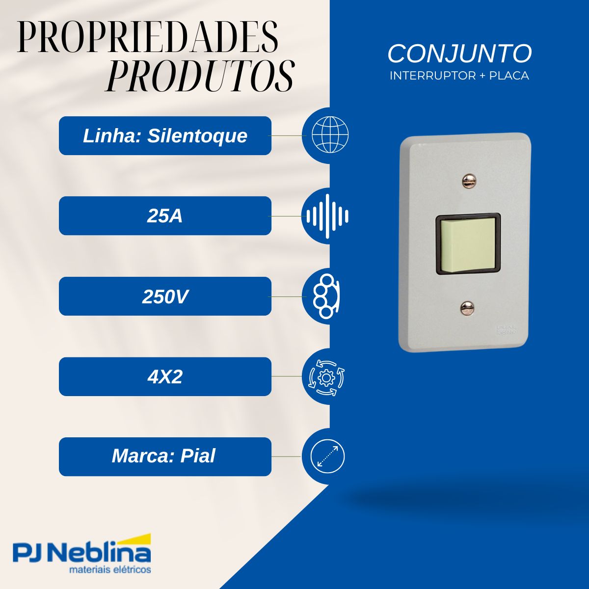 Conjunto 1 Interruptor Bipolar Simples 25A 250V C/Placa 4X2 Cinza Silentoque - Pial