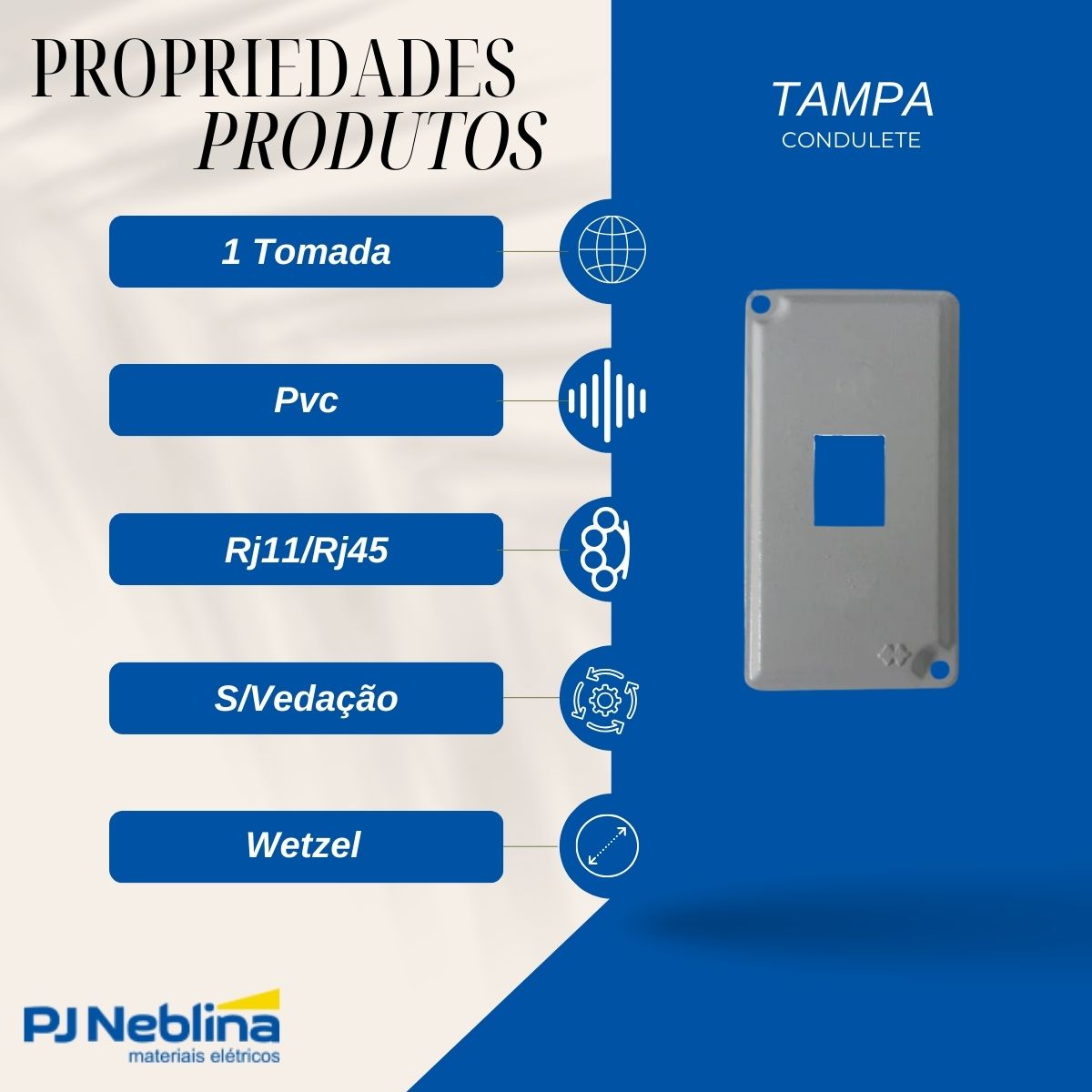 Tampa Condulete 1 Tomada Rj11/Rj45 Pvc 1/2-3/4 Cinza S/Vedação - Wetzel