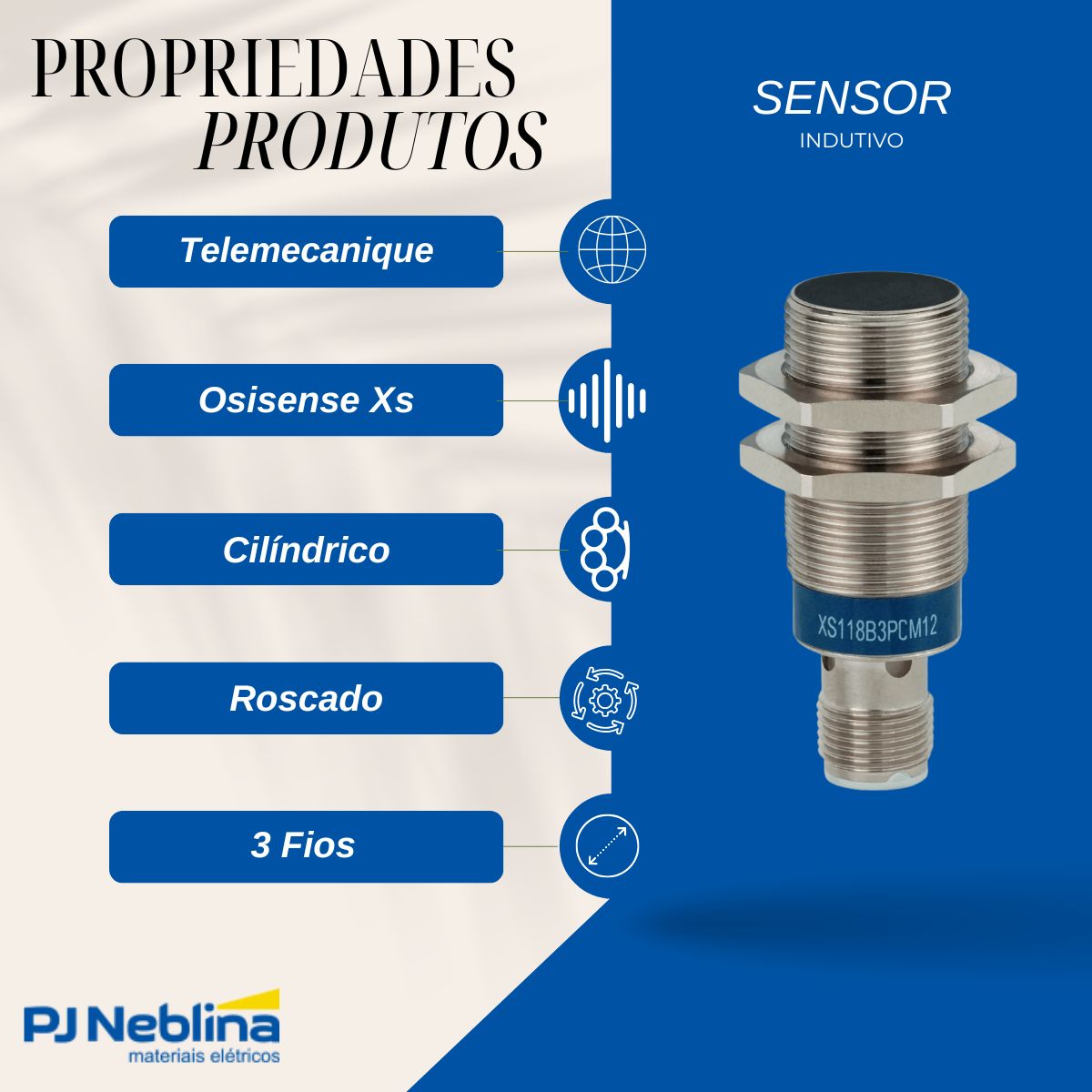 Sensor Indutivo Cilíndrico Roscado Sn=8Mm M18X1,00Mm Metálico 3 Fios 12-48Vcc Conector M12 4 Pinos Pnp 1Na 1 Led - Telemecanique