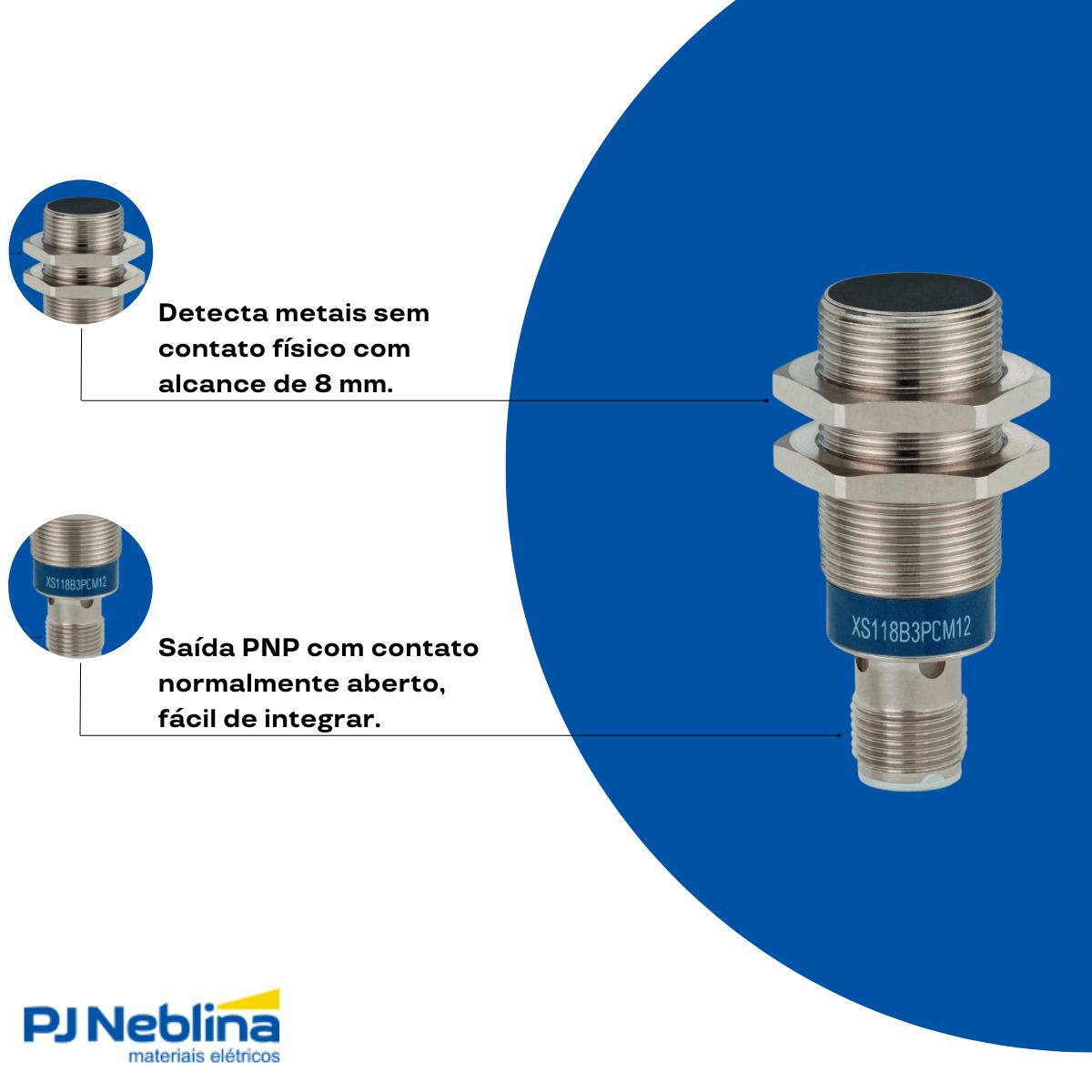 Sensor Indutivo Cilíndrico Roscado Sn=8Mm M18X1,00Mm Metálico 3 Fios 12-48Vcc Conector M12 4 Pinos Pnp 1Na 1 Led - Telemecanique
