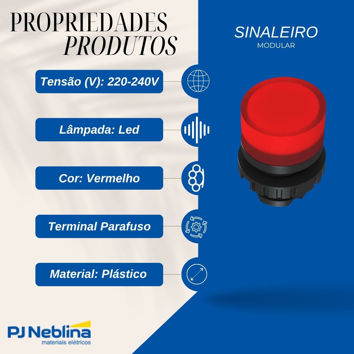 Sinaleiro Modular Faceado Redondo 22 mm 220-240V Plástico Led Vermelho Terminal Parafuso Plástico Preto Ip66 - Weg
