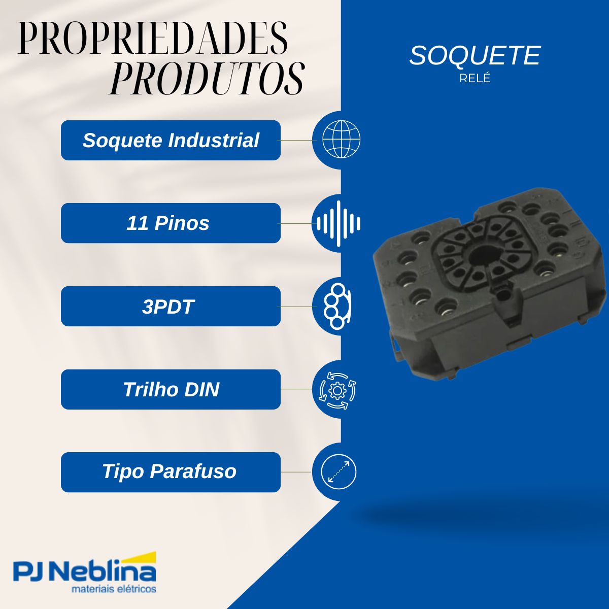 Soquete P/Relé 11 Pinos Fix Tilho/Parafuso Din - Metaltex