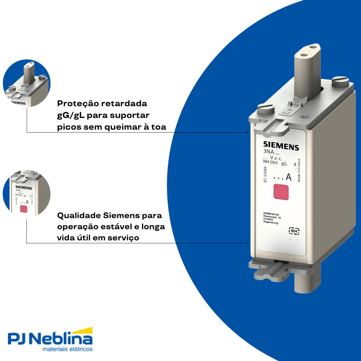 Fusível Nh Hrc Retardado Gg/Gl 50A 500V 120Ka T-000 Indicador Combinado - Siemens
