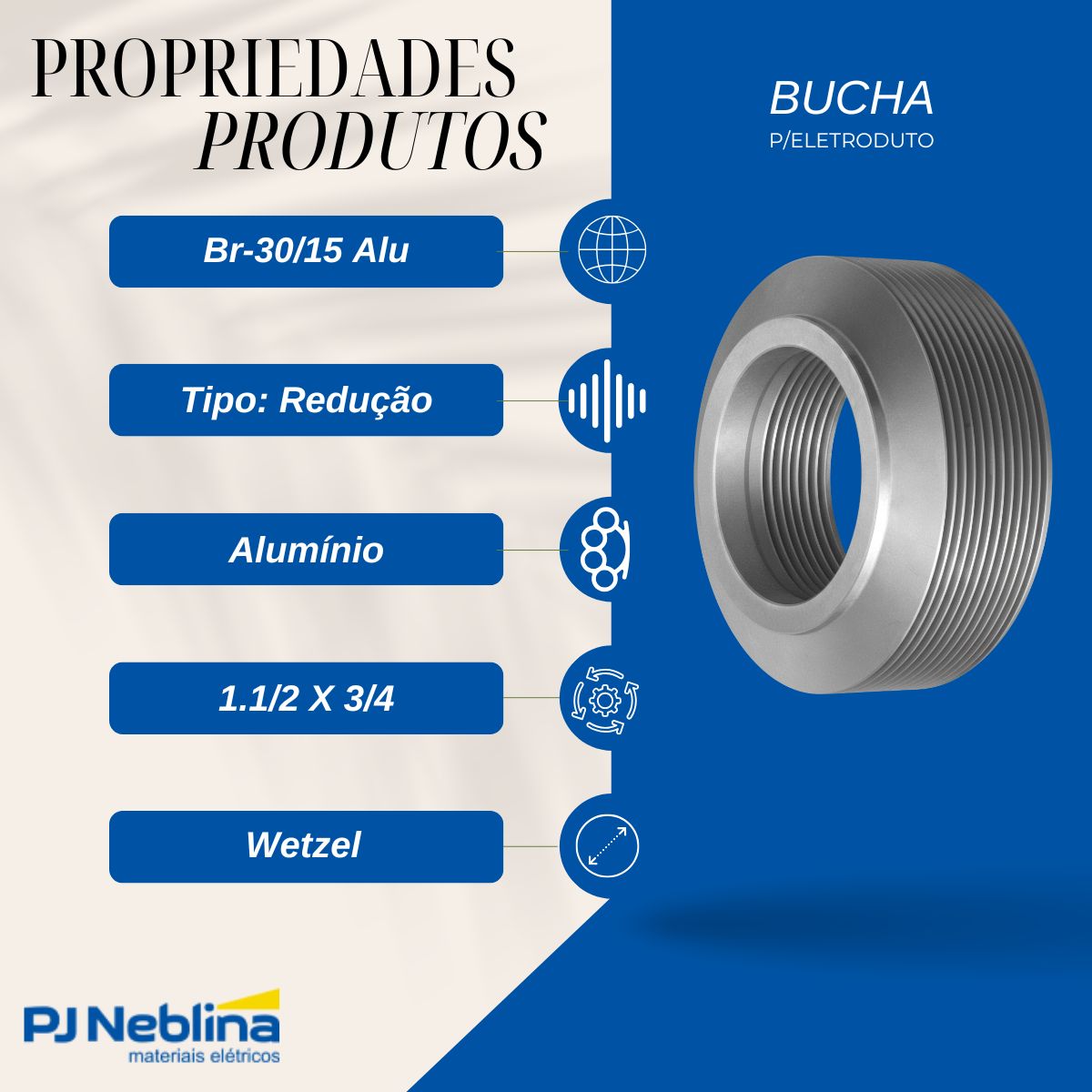Bucha Eletroduto Redução Alumínio 1.1/2 X 3/4 Bsp - Wetzel