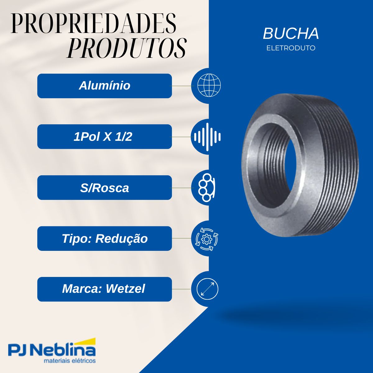 Bucha Eletroduto Redução Alumínio 1Pol X 1/2 Bsp - Wetzel